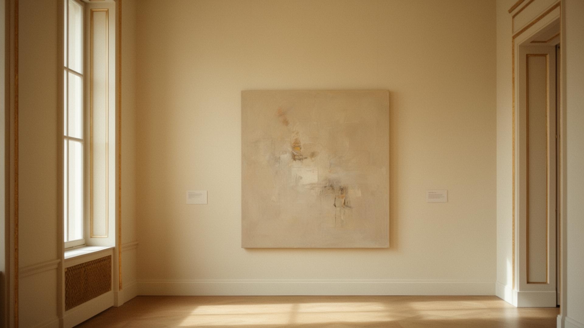 A quiet atelier gallery in warm golden light